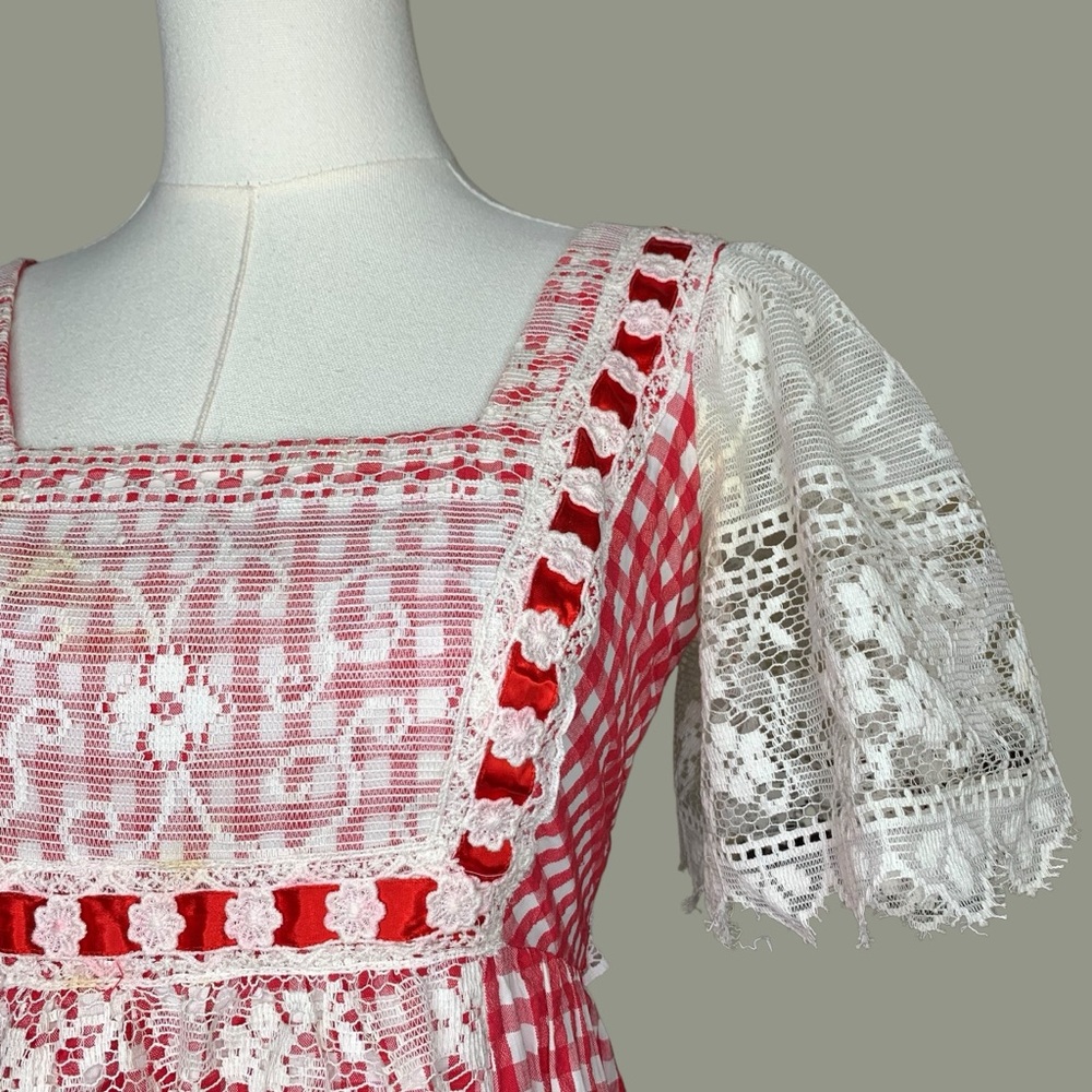 Vintage 70s Red Plaid Lace Cottagecore Prairie Maxi Dress - Picture 3 of 9